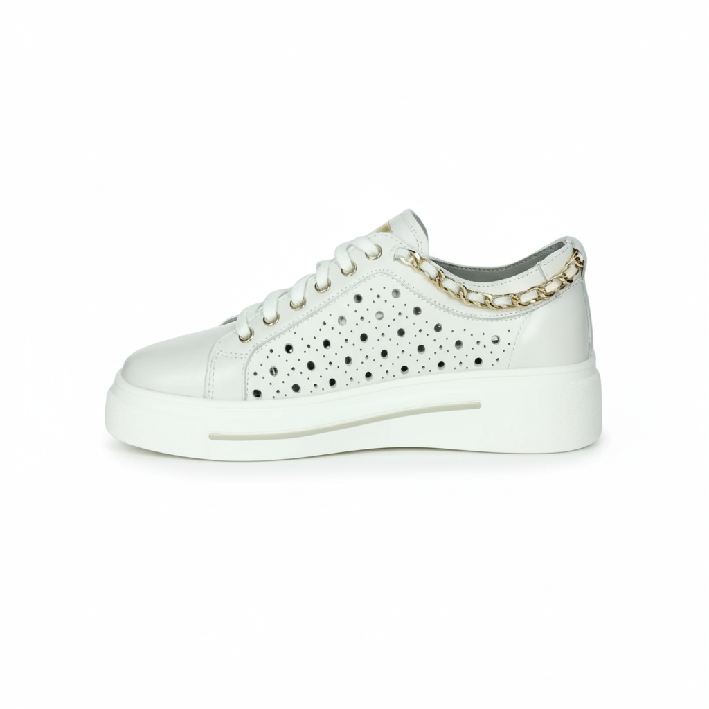 Sneakers Donna Bianche Cinzia Soft in Pelle Traforata con Plantare Estraibile, catena oro, platform IV1021472 - 003