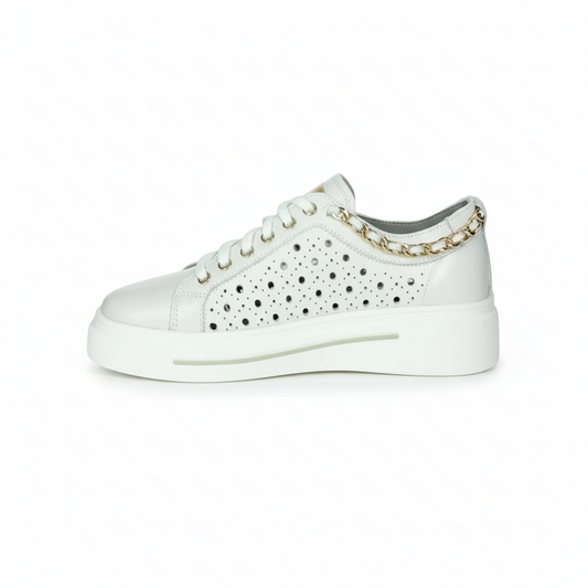 Sneakers Donna Bianche Cinzia Soft in Pelle Traforata con Plantare Estraibile, catena oro, platform IV1021472 - 003