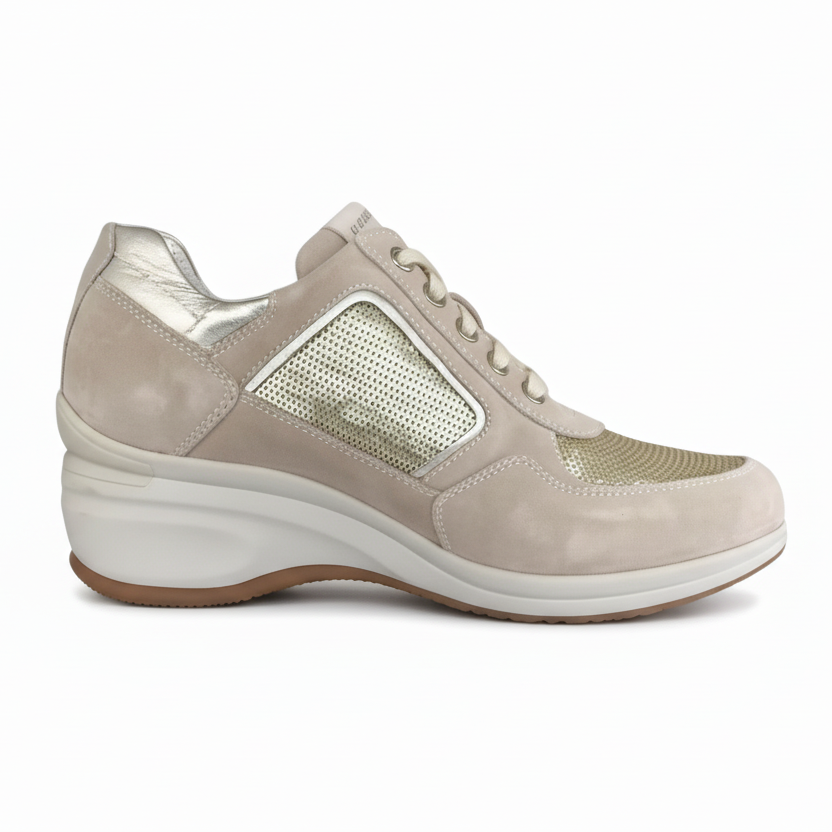 Sneakers Donna NeroGiardini P207010D Vera Pelle Beige Avorio con paillettes platino e zeppa - 39 (EU)
