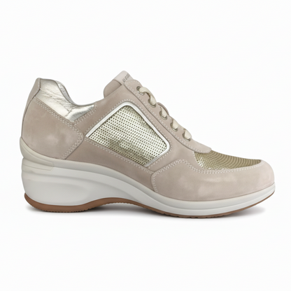 Sneakers Donna NeroGiardini P207010D Vera Pelle Beige Avorio con paillettes platino e zeppa - 39 (EU)