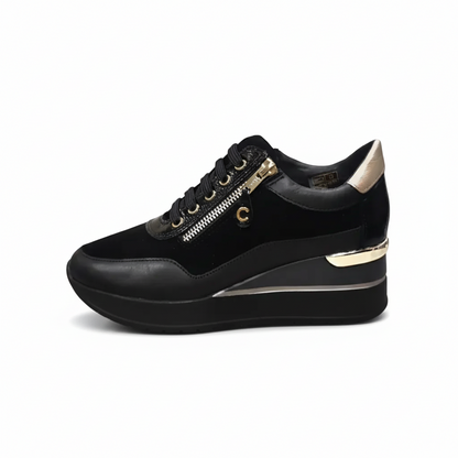Sneakers Donna Cinzia Soft IV2522440 Nero, Lacci e Zip, Vera Pelle, Pelle Scamosciata Nabuk, dettagli oro