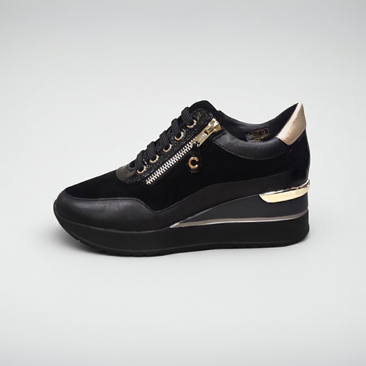 Sneakers Donna Cinzia Soft IV2522440 Nero, Lacci e Zip, Vera Pelle, Pelle Scamosciata Nabuk, dettagli oro