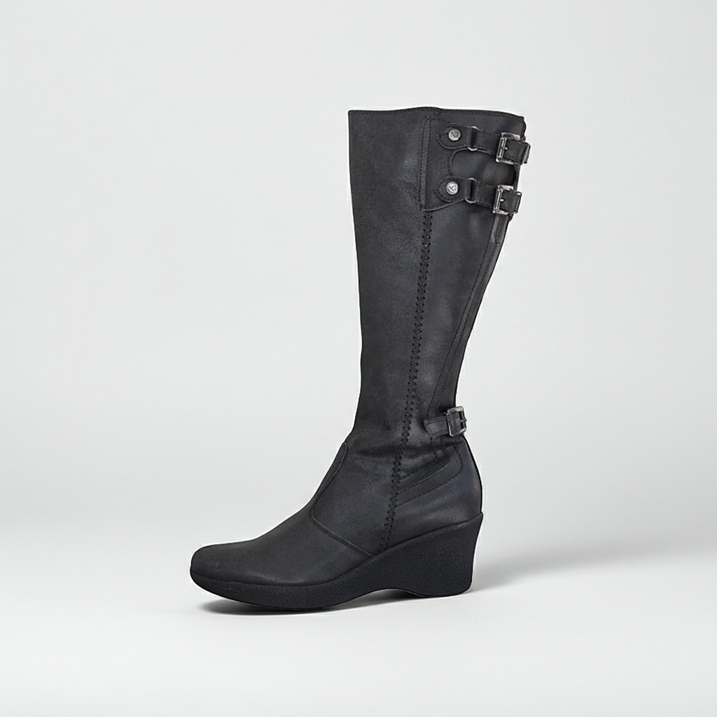 Stivali donna NeroGiardini, 00995, con zeppa, zip, fibbie, Vera Pelle, Nero
