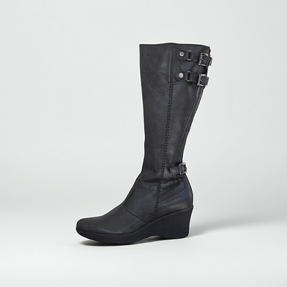 Stivali donna NeroGiardini, 00995, con zeppa, zip, fibbie, Vera Pelle, Nero