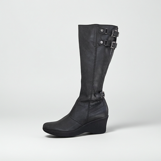 Stivali donna NeroGiardini, 00995, con zeppa, zip, fibbie, Vera Pelle, Nero