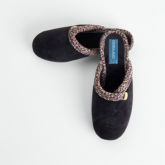 Cinzia Soft, IEA3506, Ciabatte Pantofole Donna in Velour Nero con Bordo Leopardato, Comfort