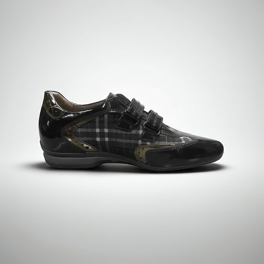 Sneaker Donna NeroGiardini A900902, Doppio Strappo, Vera Pelle Scamosciata, Stampa scozzese, Naplak vernice lucida, Nero