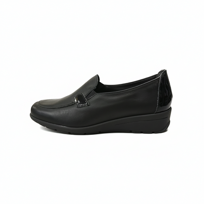 Mocassini Donna Cinzia Soft 7083 - Zeppa Bassa, Elastico Laterale, Vera Pelle, Riporti Vernice Nero