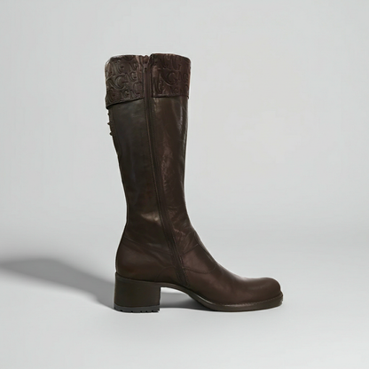 Stivali Cavallerizza NeroGiardini 00212 Vera Pelle, tacco basso 3 cm, Cerniera Zip Laterale, Lacci, risvolto monogram, Marrone Testa di Moro - 38 (EU)