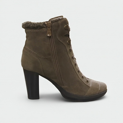 Stivaletti Donna NeroGiardini A207822D - Tacco 8 cm con Plateau, Cerniera Laterale, Lacci, Vera Pelle Scamosciata, Color Verdegris Tortora - Numero 37