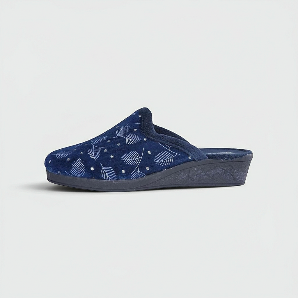Cinzia Soft ED13014 Ciabatte Pantofole Donna, Velour Blu Marino con Motivo Foglie e Punti Luce
