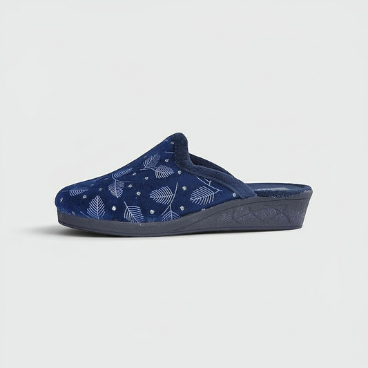 Cinzia Soft ED13014 Ciabatte Pantofole Donna, Velour Blu Marino con Motivo Foglie e Punti Luce