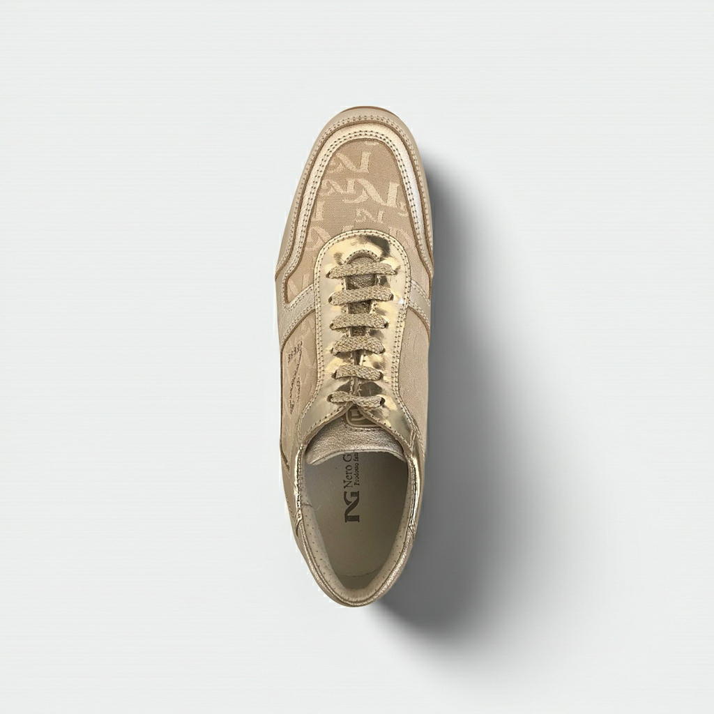 Sneakers Donna NeroGiardini 00256, Vera Pelle, Tessuto Monogram, Platino