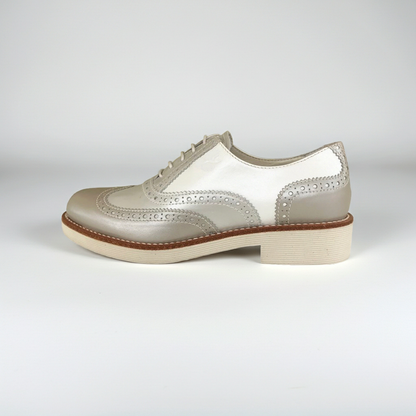 Scarpe Inglesine Donna NeroGiardini P717071D Vera Pelle Bianco Moonlight Savana Perlato - 35 EU