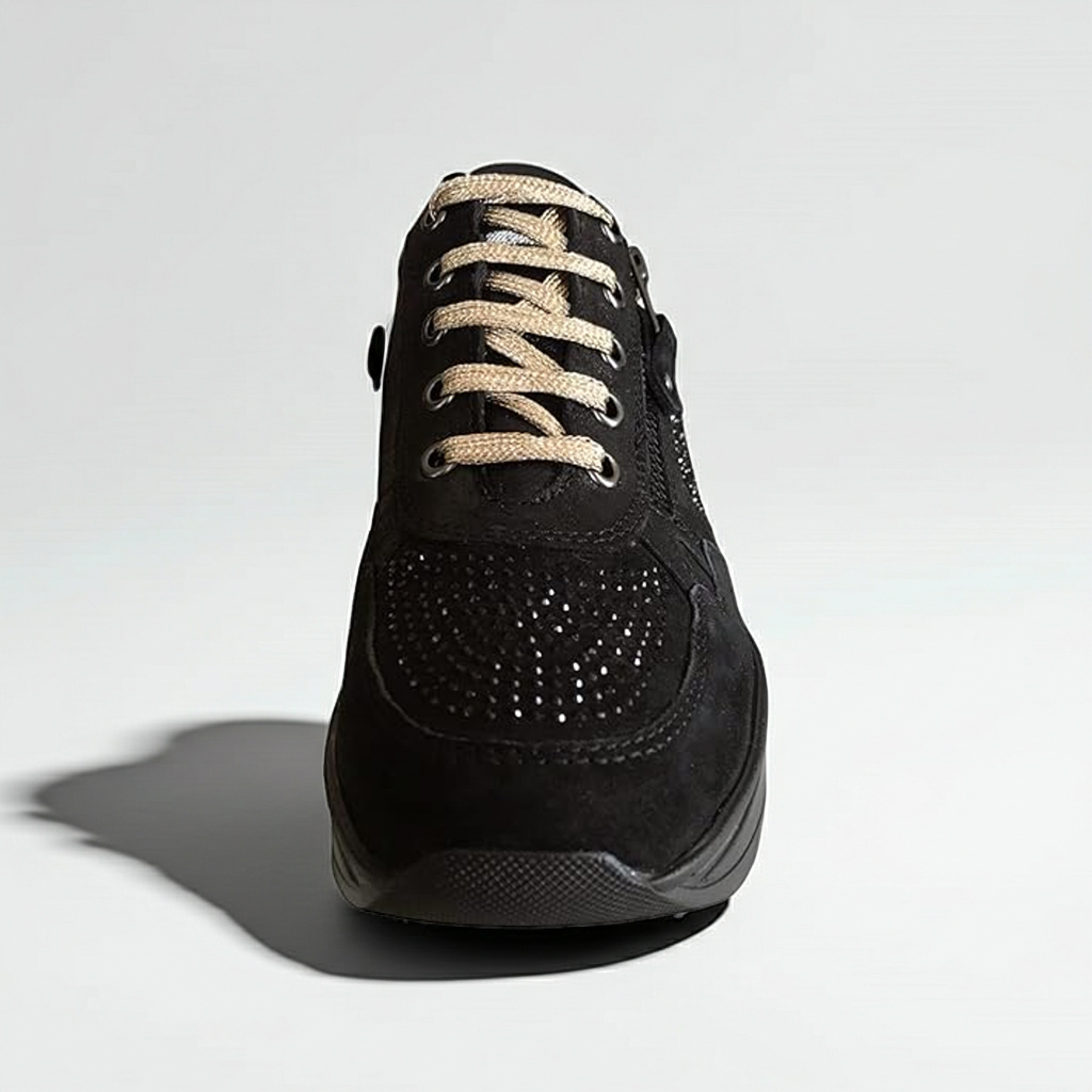 Sneakers Donna Cinzia Soft 19015 in morbido Nabuk Nero, Lacci Oro, Zip laterale, Strass, Nero - Numero 36