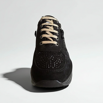 Sneakers Donna Cinzia Soft 19015 in morbido Nabuk Nero, Lacci Oro, Zip laterale, Strass, Nero - Numero 36