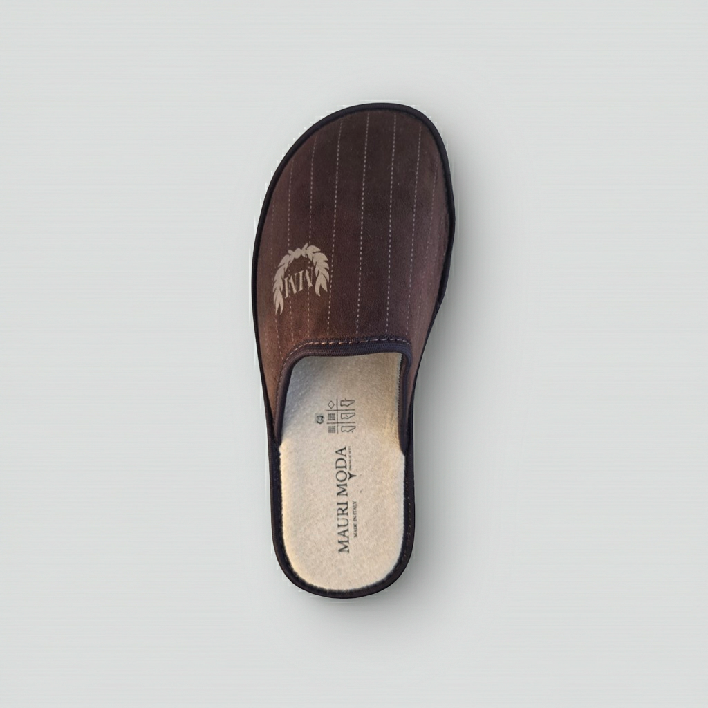 Ciabatte Pantofole Uomo in Velour, Felpato Lana, Soletta in Vera Pelle, Marrone Testa di Moro