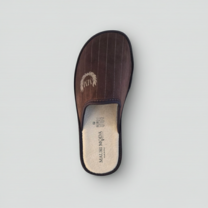 Ciabatte Pantofole Uomo in Velour, Felpato Lana, Soletta in Vera Pelle, Marrone Testa di Moro