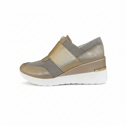 Sneakers Donna Cinzia Soft, Elasticizzate, con Zeppa, Vera Pelle e Tessuto Platino - 38 EU