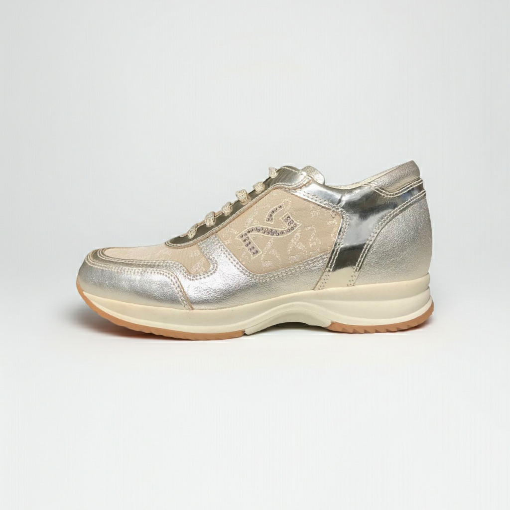Sneakers Donna NeroGiardini 00256, Vera Pelle, Tessuto Monogram, Platino