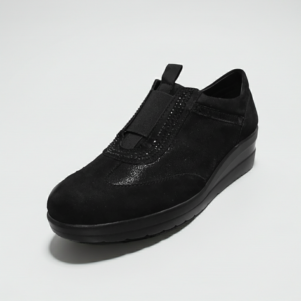 Sneakers Donna Cinzia Soft 235 - Vera Pelle Camoscio Laminata, Nero, Zeppa 4 cm, Elastico
