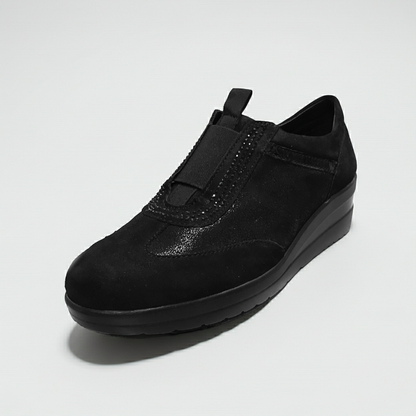 Sneakers Donna Cinzia Soft 235 - Vera Pelle Camoscio Laminata, Nero, Zeppa 4 cm, Elastico