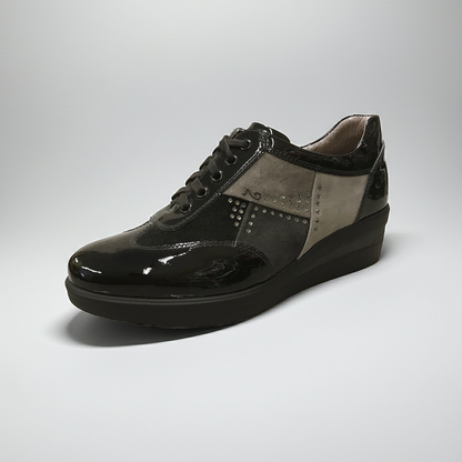 Scarpa Donna Nero Giardini A616852D in Vera Pelle Scamosciata, Vernice Nero e Grigio, Zeppa bassa, Lacci - Numero 36 (EU)