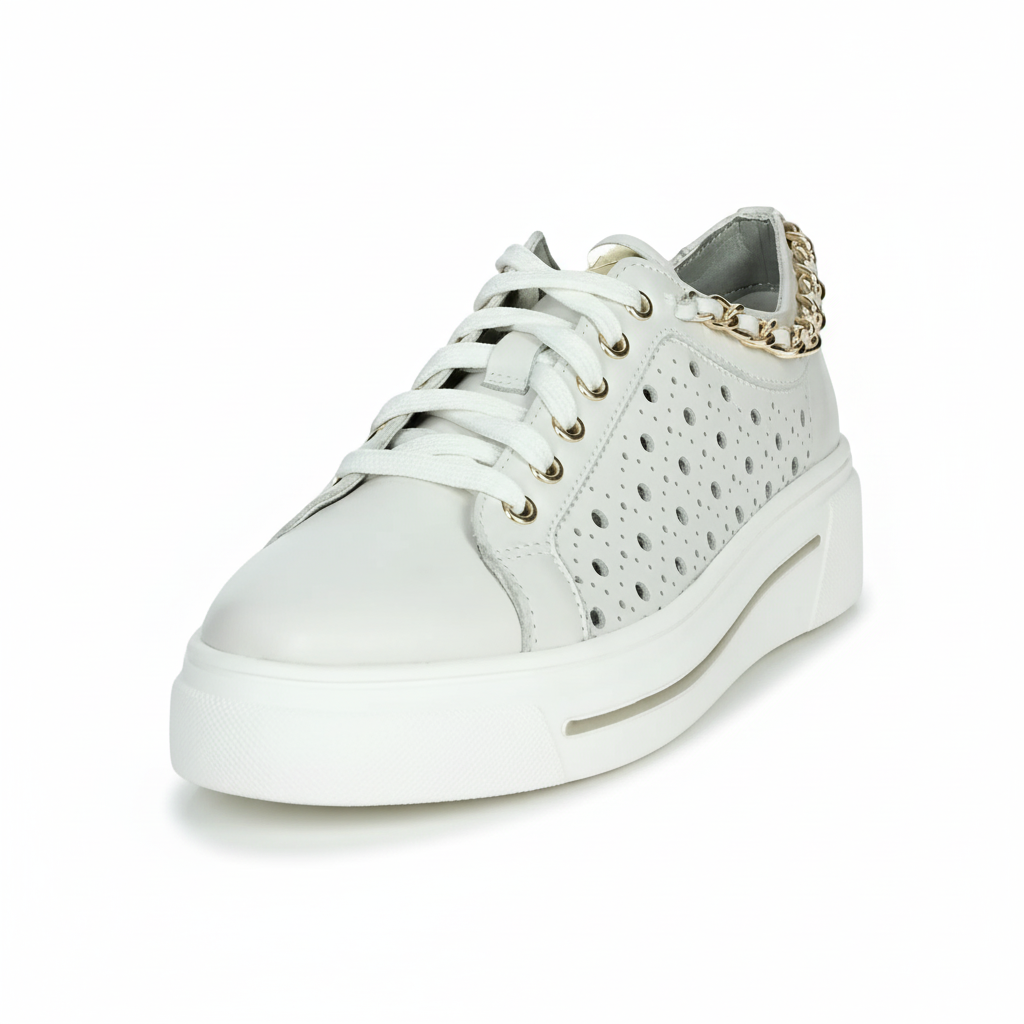 Sneakers Donna Bianche Cinzia Soft in Pelle Traforata con Plantare Estraibile, catena oro, platform IV1021472 - 003