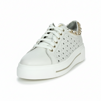 Sneakers Donna Bianche Cinzia Soft in Pelle Traforata con Plantare Estraibile, catena oro, platform IV1021472 - 003