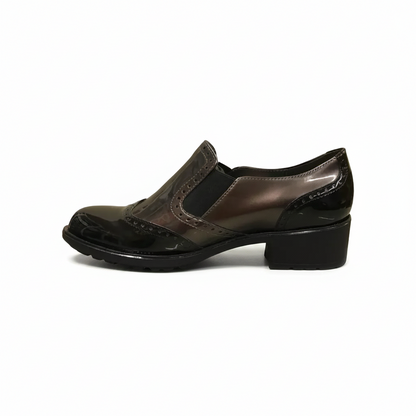 Scarpe Inglesine Donna Cinzia Soft 972285 - Vera Pelle, Elastici Laterali, Tacco 3 cm, Vernice Nero e Canna di Fucile, Stile Inglese