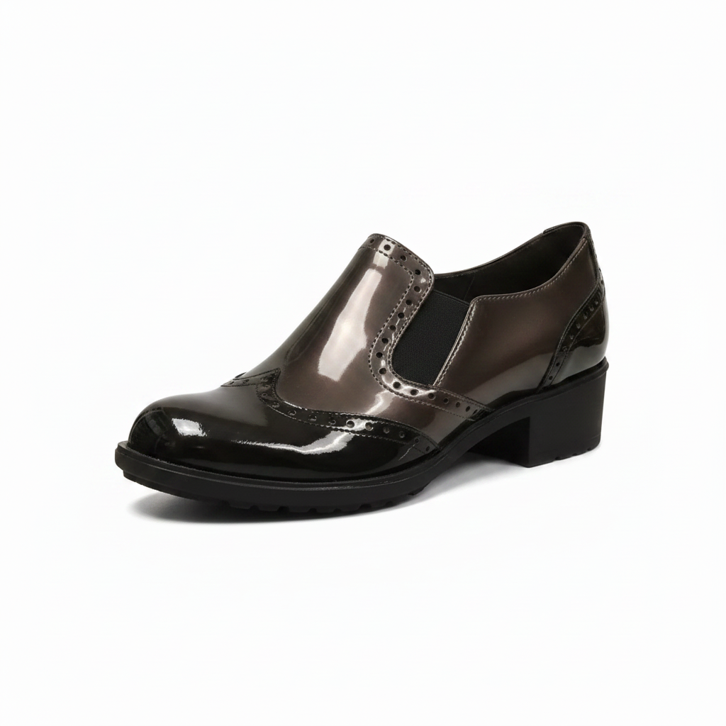 Scarpe Inglesine Donna Cinzia Soft 972285 - Vera Pelle, Elastici Laterali, Tacco 3 cm, Vernice Nero e Canna di Fucile, Stile Inglese
