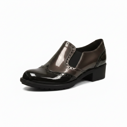Scarpe Inglesine Donna Cinzia Soft 972285 - Vera Pelle, Elastici Laterali, Tacco 3 cm, Vernice Nero e Canna di Fucile, Stile Inglese