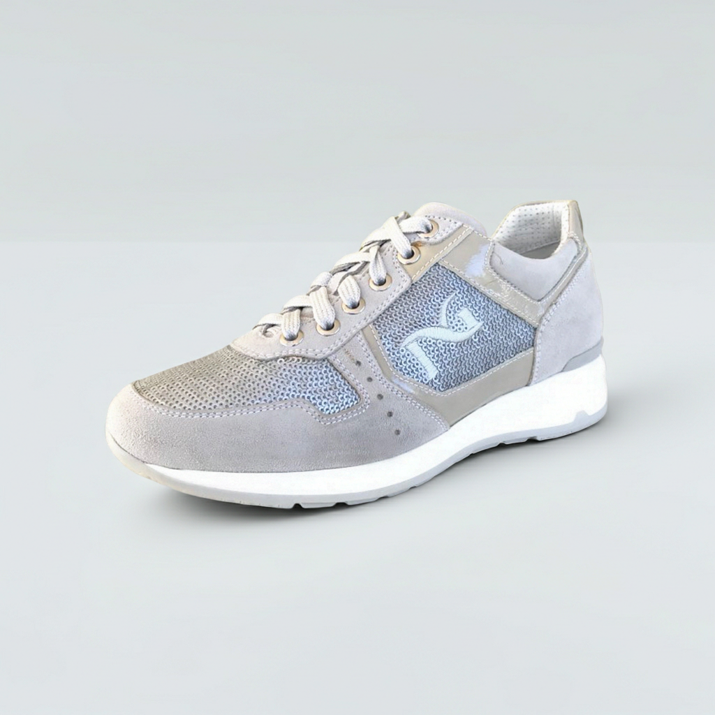 Sneakers Donna NeroGiardini P308393D Vera Pelle con paillettes Beige Vapore, Numero 36 EU