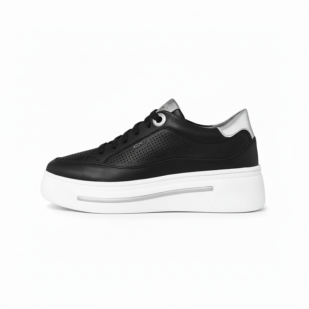 Sneakers Donna Cinzia Soft, Plantare Estraibile, Vera Pelle Nero Argento Platform IV1019258