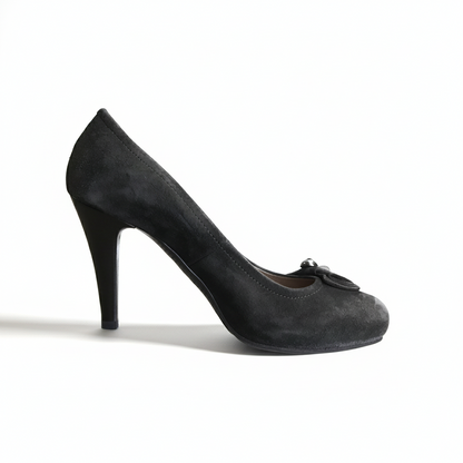Décolleté Donna NeroGiardini A106904DE - Scarpe Vera Pelle Scamosciata, Tacco 9 cm con Plateau Interno, con Fiocco e Applicazioni, Grigio Scuro Antracite