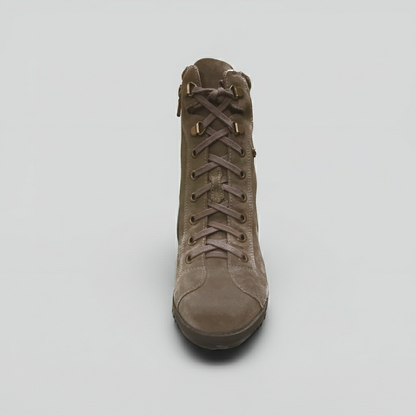 Stivaletti Donna NeroGiardini A207822D - Tacco 8 cm con Plateau, Cerniera Laterale, Lacci, Vera Pelle Scamosciata, Color Verdegris Tortora - Numero 37