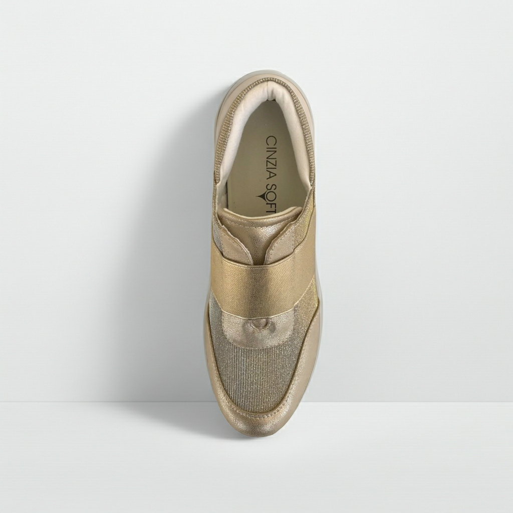 Sneakers Donna Cinzia Soft, Elasticizzate, con Zeppa, Vera Pelle e Tessuto Platino - 38 EU