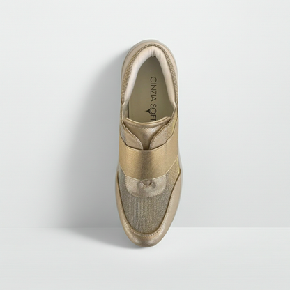 Sneakers Donna Cinzia Soft, Elasticizzate, con Zeppa, Vera Pelle e Tessuto Platino - 38 EU