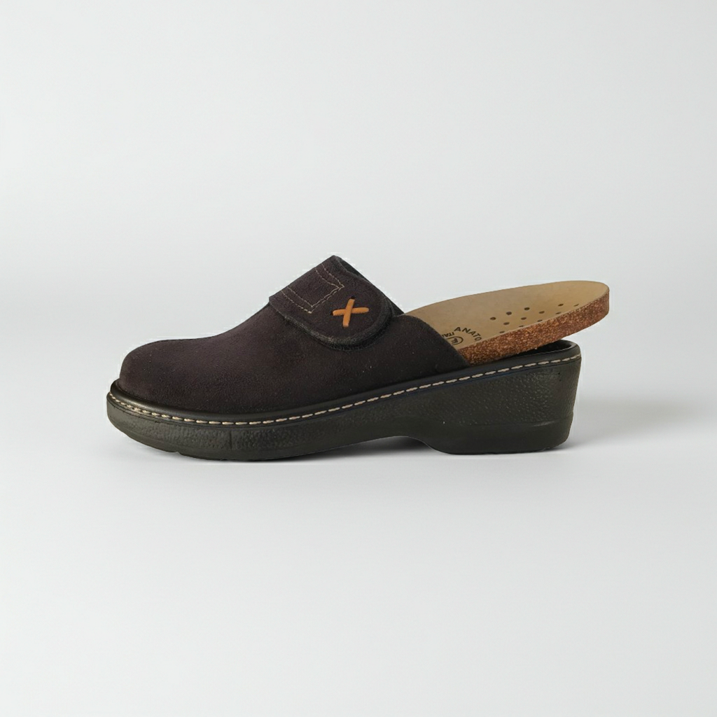 Calde Pantofole Chiuse in Vera Pelle, Nero e Grigio, con Strappo e Plantare Estraibile