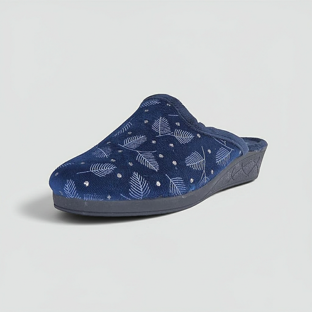 Cinzia Soft ED13014 Ciabatte Pantofole Donna, Velour Blu Marino con Motivo Foglie e Punti Luce