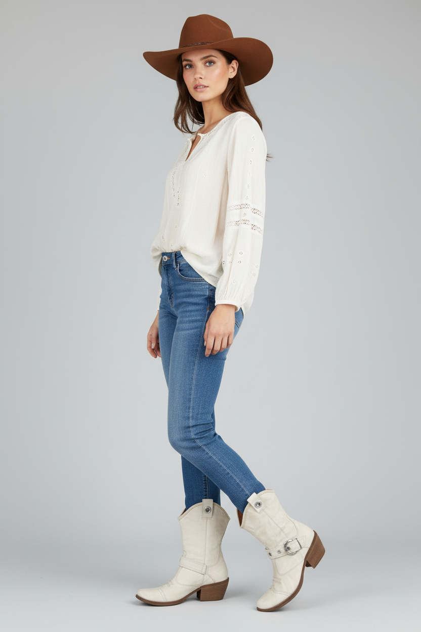 Stivaletti texani Donna NeroGiardini 00321 Vera Pelle Bianco Latte