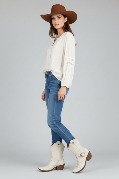 Stivaletti texani Donna NeroGiardini 00321 Vera Pelle Bianco Latte