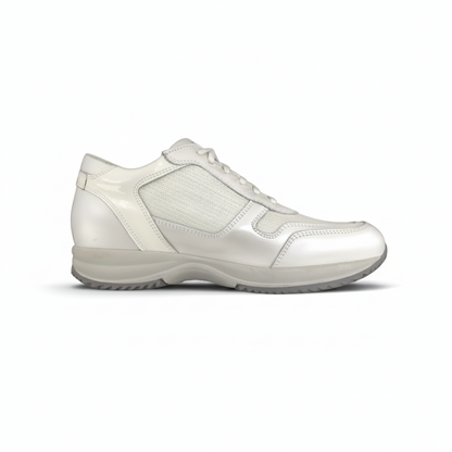 Sneakers Donna NeroGiardini P000400 Vera Pelle Perlato, Tessuto glitter, Bianco