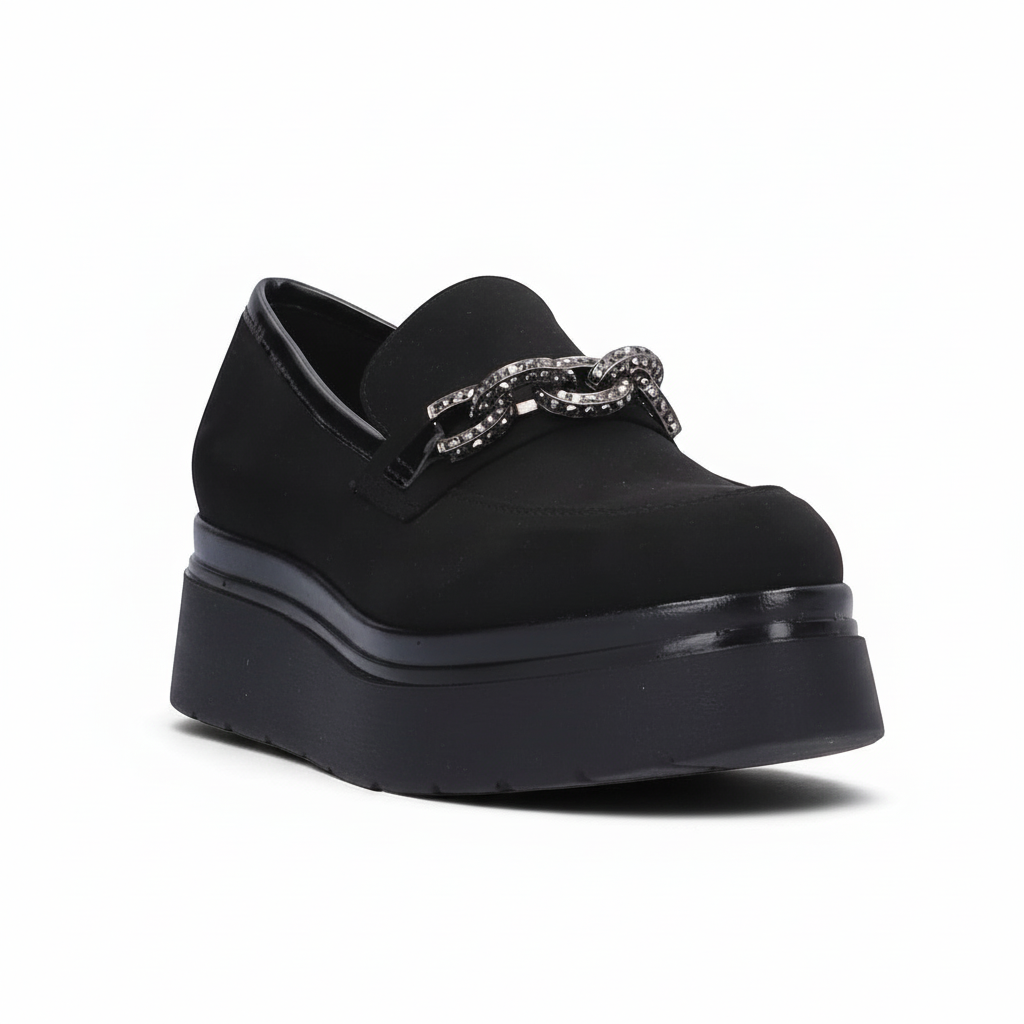Mocassini Donna Cinzia Soft MM2C4389 con Catena Gioiello, Vera Pelle Scamosciata, Fondo Platform, Nero - Eleganti e Comodi