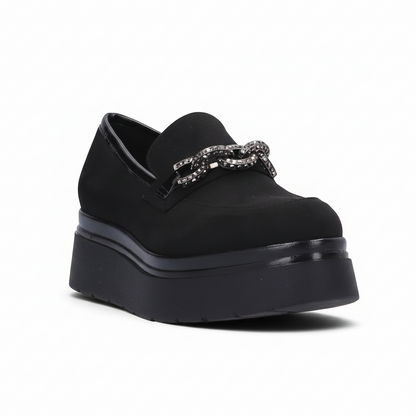Mocassini Donna Cinzia Soft MM2C4389 con Catena Gioiello, Vera Pelle Scamosciata, Fondo Platform, Nero - Eleganti e Comodi