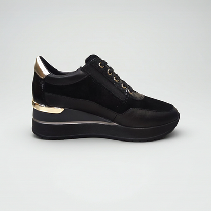 Sneakers Donna Cinzia Soft IV2522440 Nero, Lacci e Zip, Vera Pelle, Pelle Scamosciata Nabuk, dettagli oro