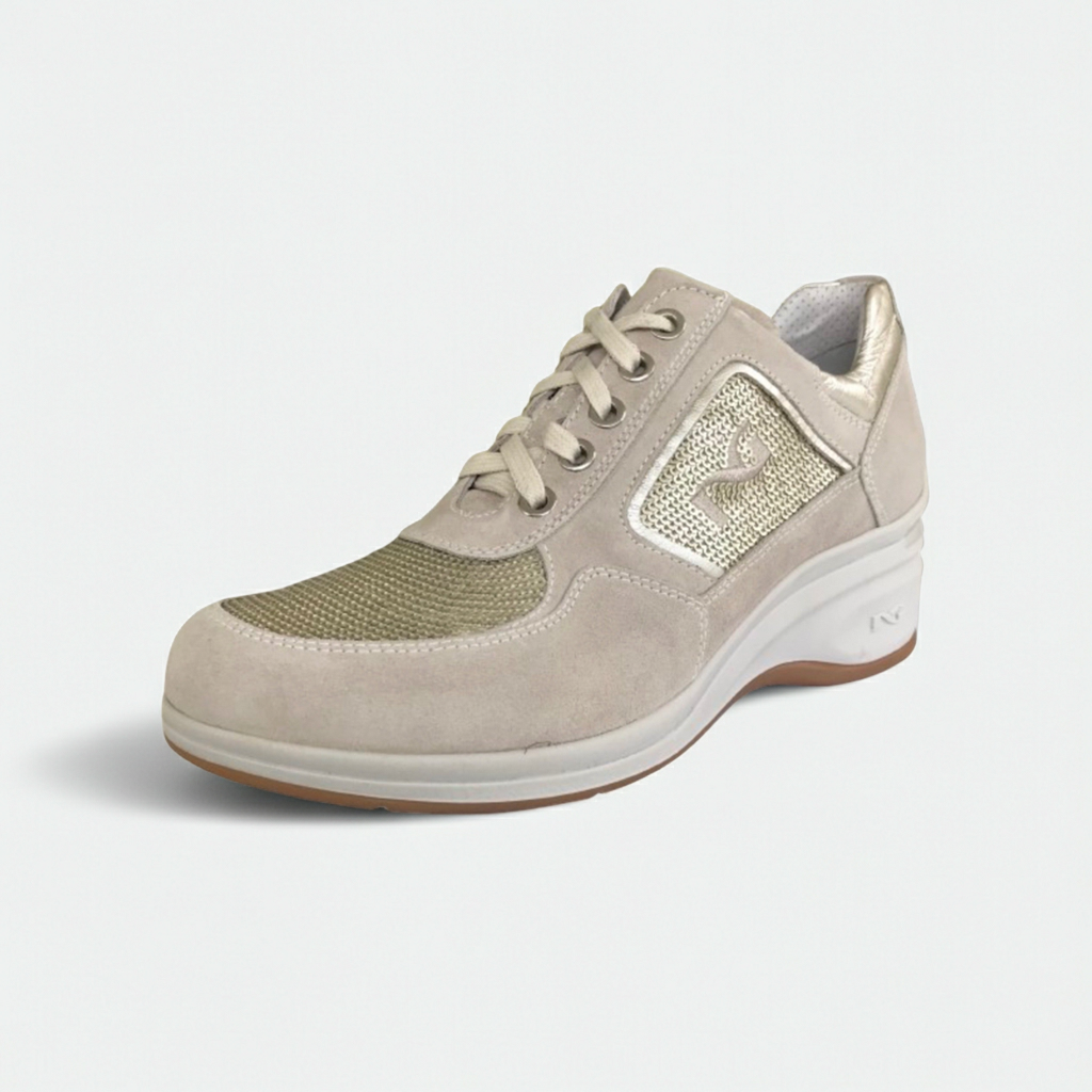 Sneakers Donna NeroGiardini P207010D Vera Pelle Beige Avorio con paillettes platino e zeppa - 39 (EU)