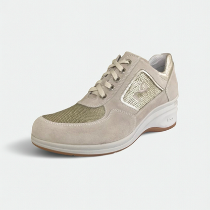 Sneakers Donna NeroGiardini P207010D Vera Pelle Beige Avorio con paillettes platino e zeppa - 39 (EU)