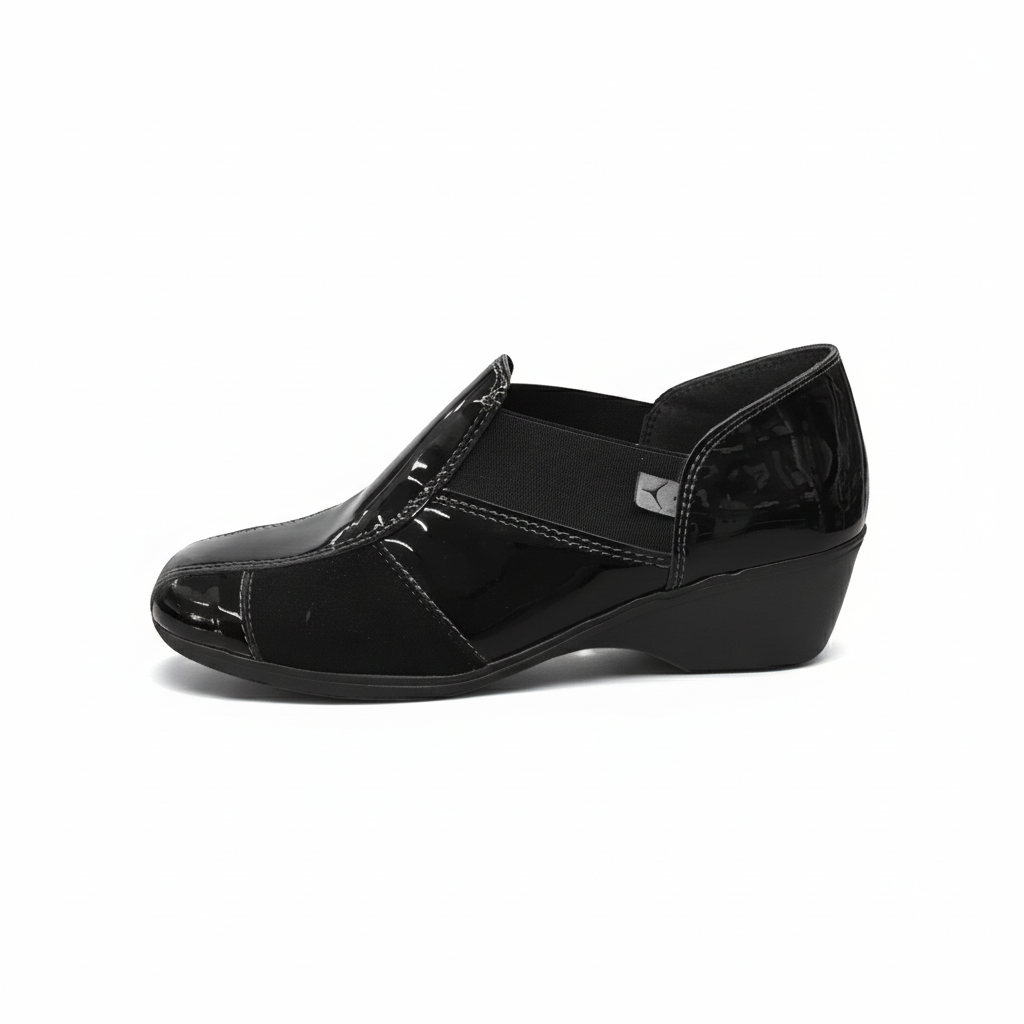 Sneakers Donna Cinzia Soft Art 651 - Zeppa 4 cm, Elastico Laterale, Vernice e Camoscio Nero