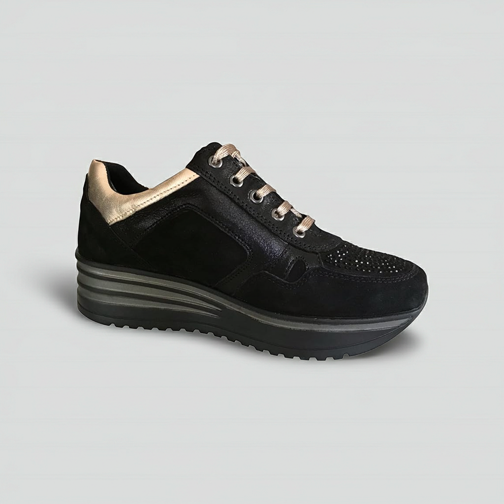 Sneakers Donna Cinzia Soft 19015 in morbido Nabuk Nero, Lacci Oro, Zip laterale, Strass, Nero - Numero 36
